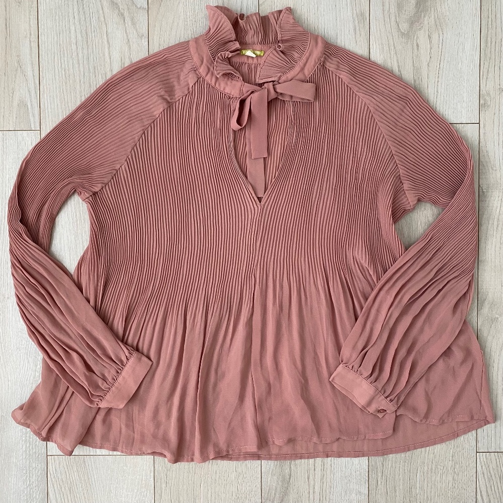 Mauve Dusty Pink Tie Front Long Sleeve Bow Pleated Blouse